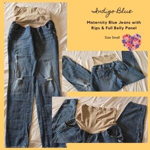 Indigo Blue Maternity Straight Leg Jeans with Fashion Rips, Full Belly Panel